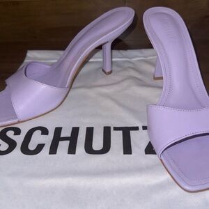 Schutz Posseni Smoky Grape Slip On Squared Open Toe Stiletto High Heel Sandals